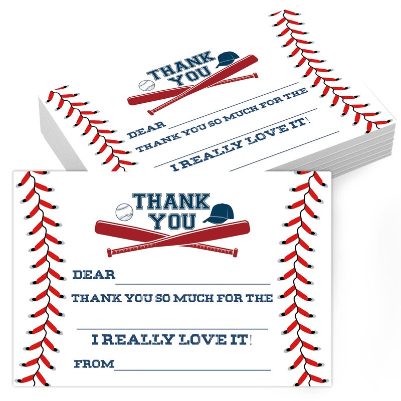 TENTADO Baseball Thank You Cards, Baseball Thank You Cards with Envelopes, Kids Fill in the Blank Thank You Cards, 20 Count with Envelopes, 4X6 inch. - Image 1